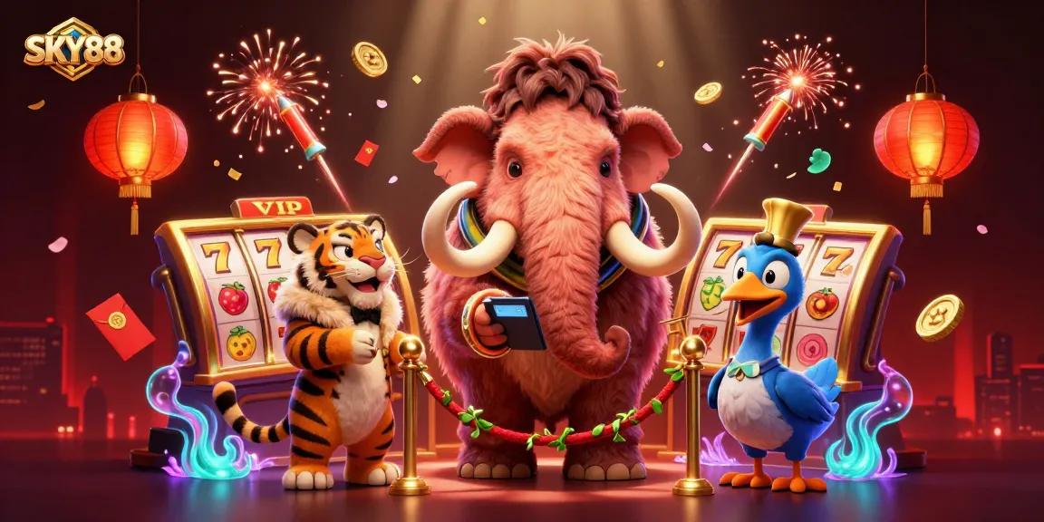 Experience thrilling gameplay at SKY88 with a vibrant 3D casino scene featuring iconic characters and game elements.