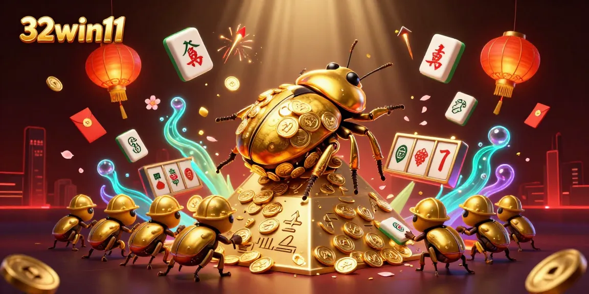 Experience the excitement of 32win11 with a golden beetle rolling coins and vibrant gaming elements.