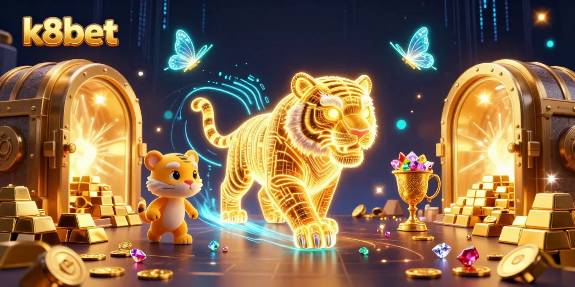 K8bet's vibrant casino scene showcasing a golden tiger, treasures, and holographic effects.