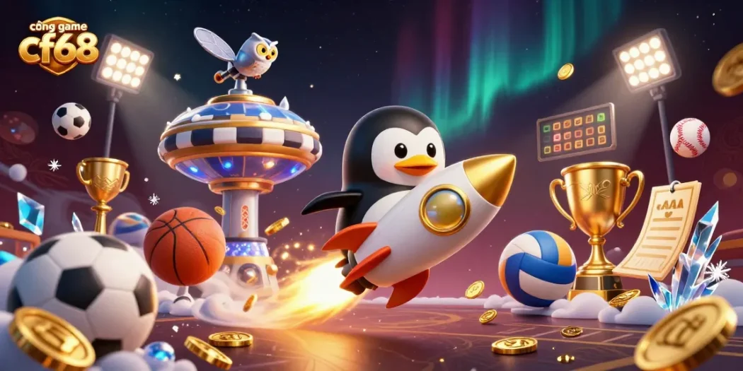 Engage in thrilling gameplay at cổng game cf68 with a dynamic rocket-powered penguin illustration.