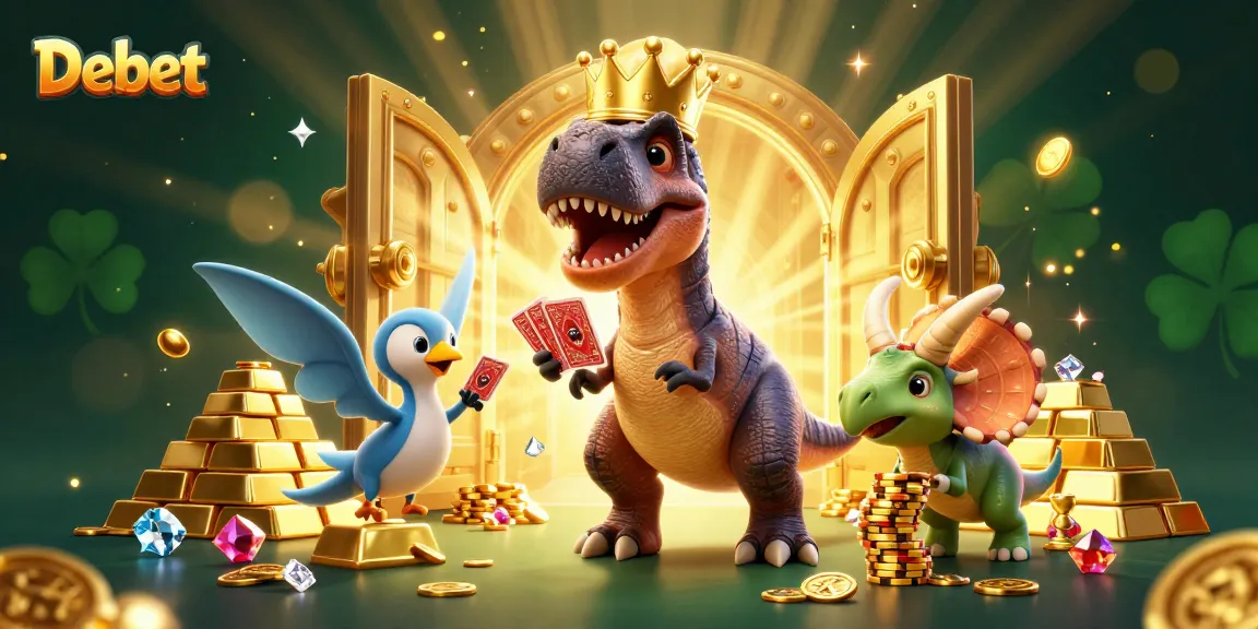Engage with Debet's exciting gaming world as friendly dinosaurs shuffle cards and stack chips.