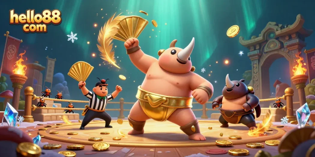 Experience thrilling action at hello88 com with a cartoon beetle champion in a dynamic casino scene.