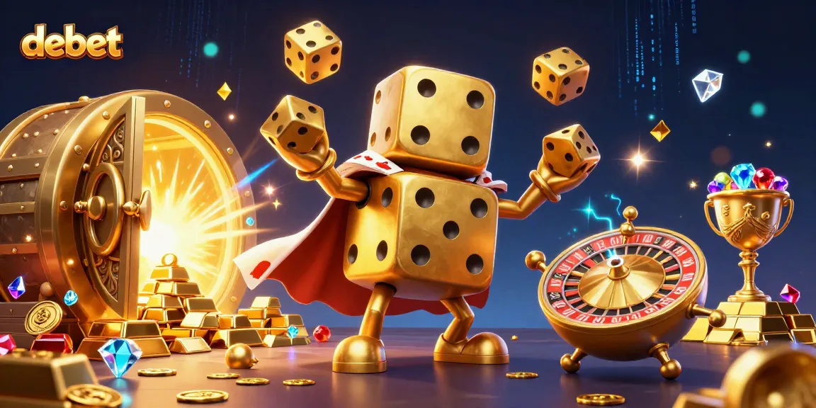 Engage with debet's vibrant 3D casino illustration featuring golden dice, treasure, and dynamic gaming elements.