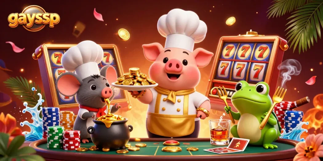 Play slots and win gold coins at gaysvp casino with a whimsical 3D character scene.