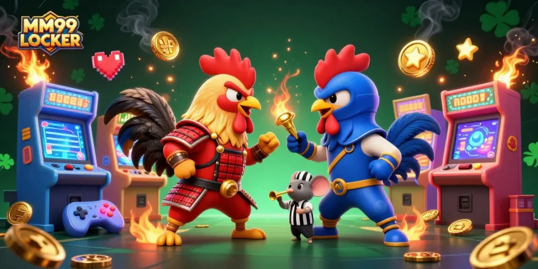 Engage with MM99 LOCKER through a thrilling 3D illustration of fighting roosters in a vibrant casino environment.
