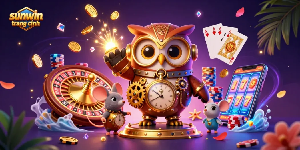 Experience the excitement of sunwin trang chính with dynamic gaming elements in a vibrant 3D casino illustration.