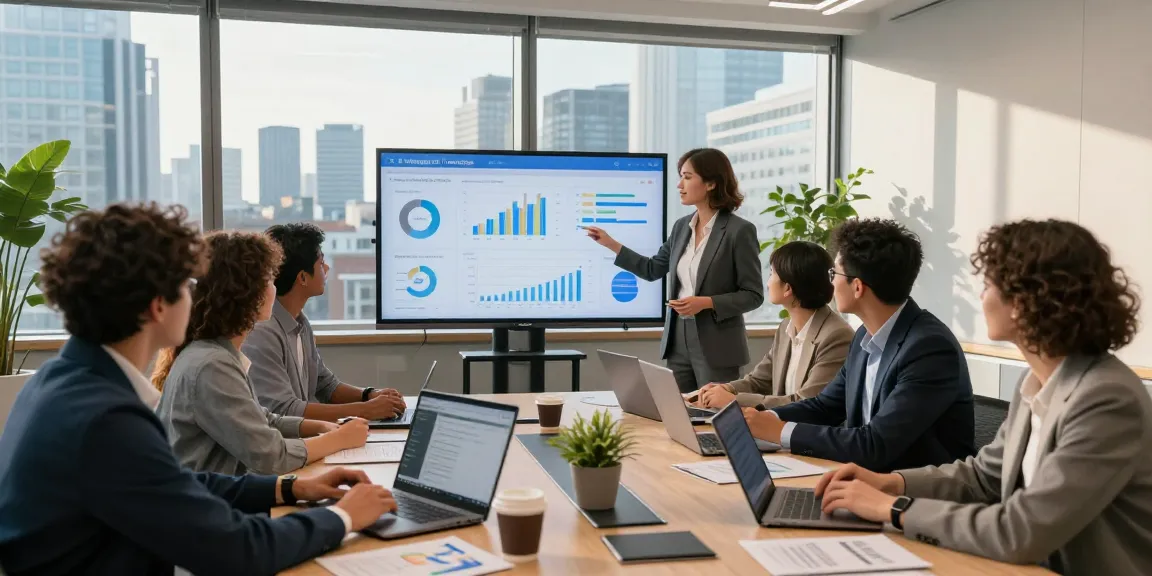 Team collaborating in a modern office for managed IT services London, presenting data analytics on a large screen.