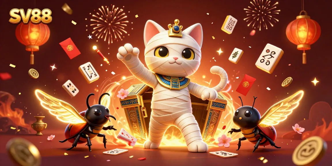 Experience SV88's thrilling casino adventure with an Egyptian mummy cat and golden celebrations.