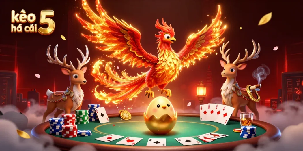Experience kèo nhà cái 5 with a vibrant 3D phoenix scene at a poker table.