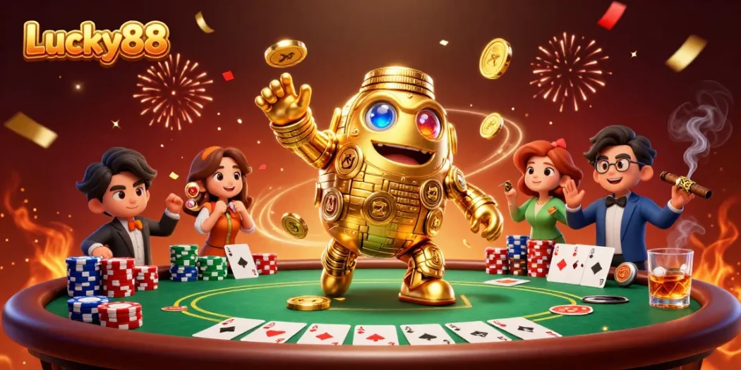 Experience thrilling gameplay at Lucky88 with a vibrant scene of poker excitement and golden winning vibes.
