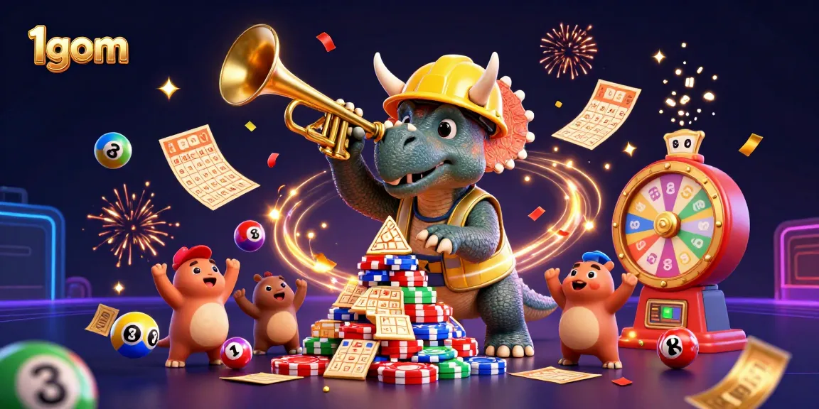 Join the celebration with 1gom's vibrant gambling scene, showcasing a triceratops and friends amidst festive lottery elements.