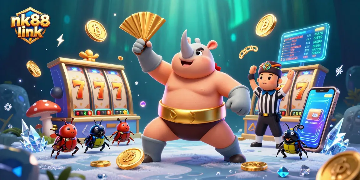 Engage with nk88 link in a vibrant casino scene featuring exciting slot games and colorful characters.