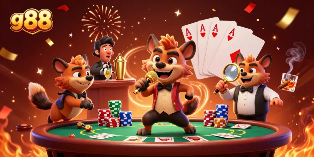 Experience the vibrant energy of go 88 at a lively casino club with hyena characters in action.