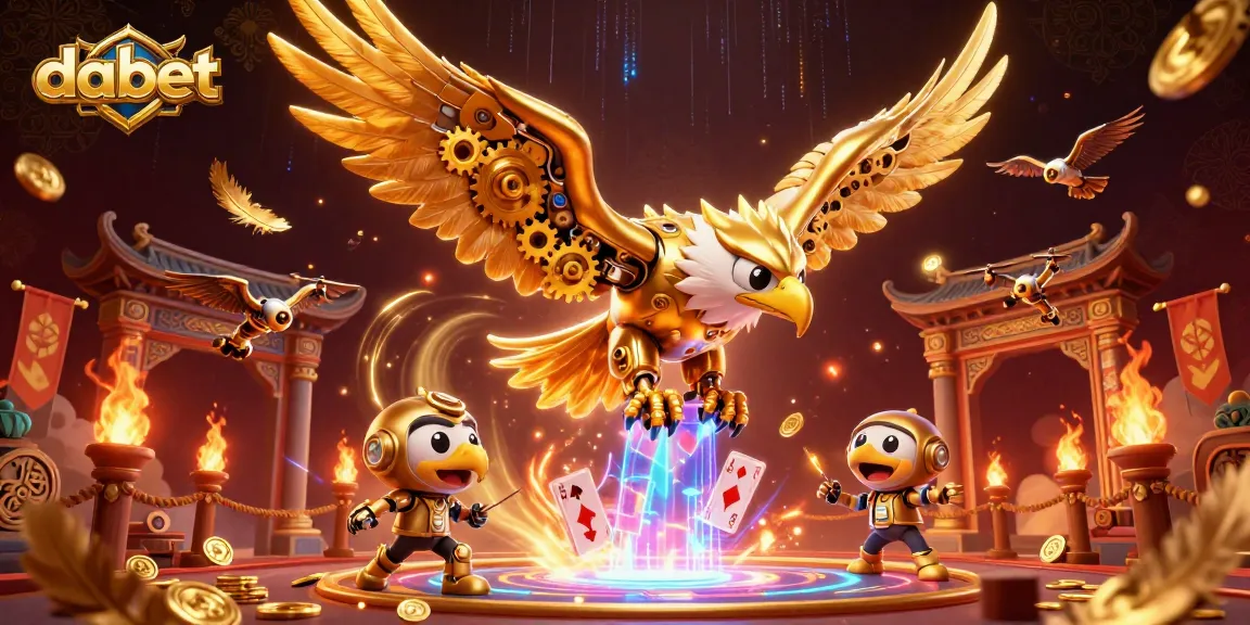 dabet showcases vibrant casino energy with a 3D cartoon eagle diving through holographic playing cards.