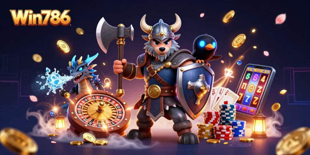 Win786 offers a vibrant casino experience with a Viking wolf warrior, a fierce dragon, and glowing elements.