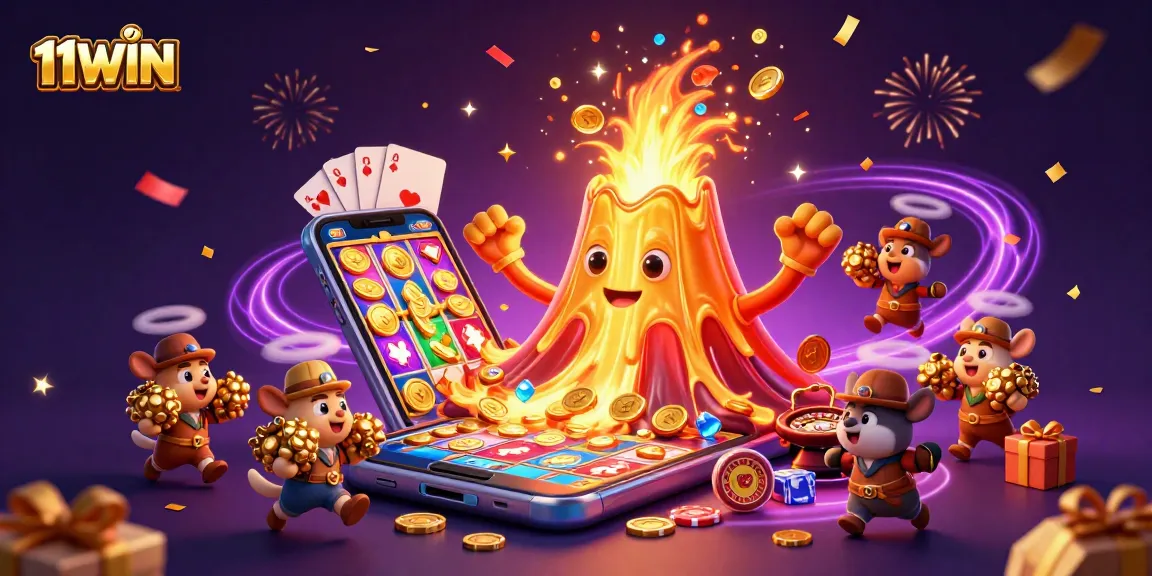 Experience the thrill of wins at 11WIN with a vibrant 3D casino scene featuring exploding coins and an erupting volcano.