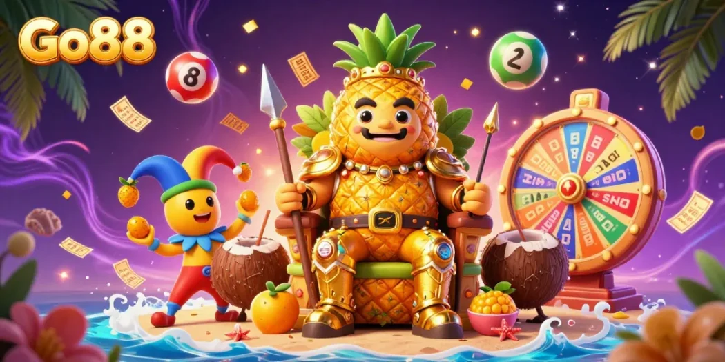 Go88 offers an engaging gaming experience with a golden pineapple king and lively lottery elements on a casino beach.