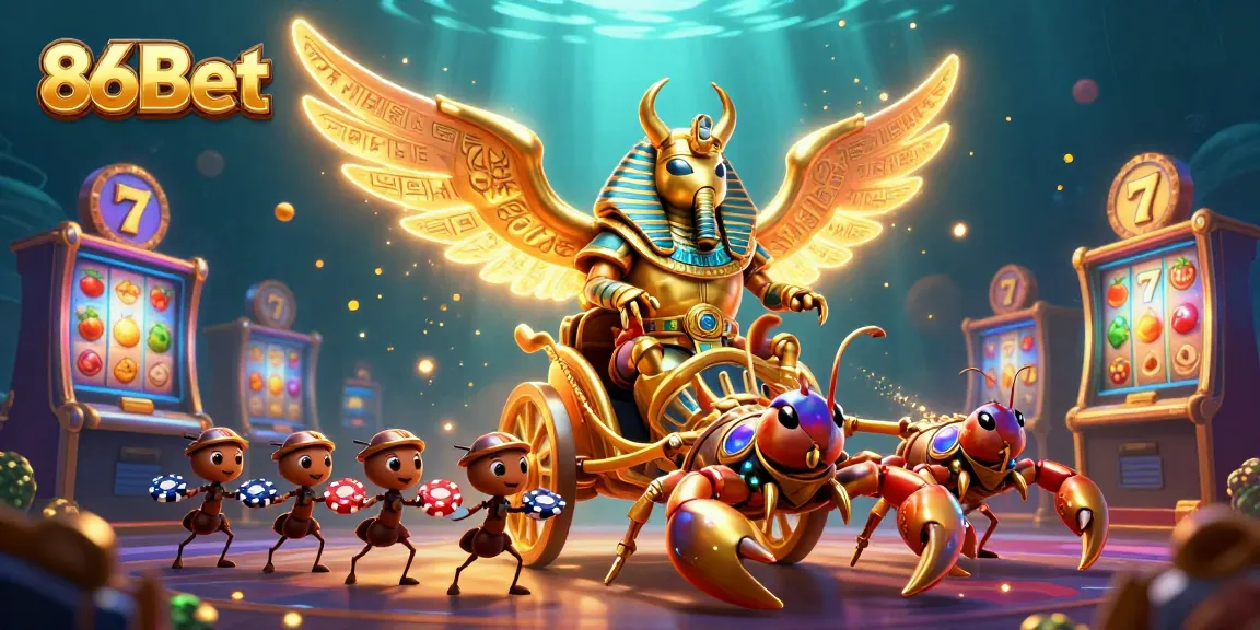 Experience winning moments with 86Bet in an exciting casino adventure featuring vibrant characters and game elements.