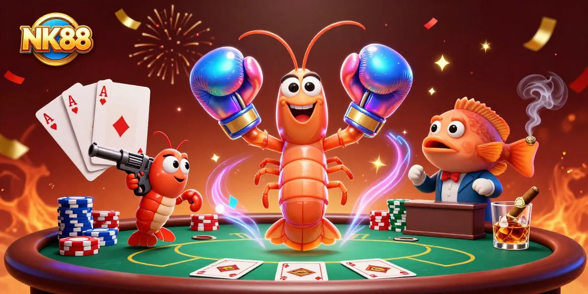 Engage in thrilling poker games at NK88 with dynamic 3D characters highlighted in a vibrant casino scene.