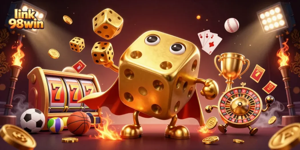Experience the excitement of link 98win with a dynamic scene of golden dice, vibrant gaming elements, and rich casino visuals.