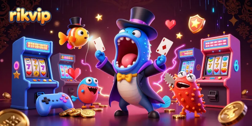 Win big with rikvip in this colorful, lively 3D casino adventure featuring energetic characters and game elements.