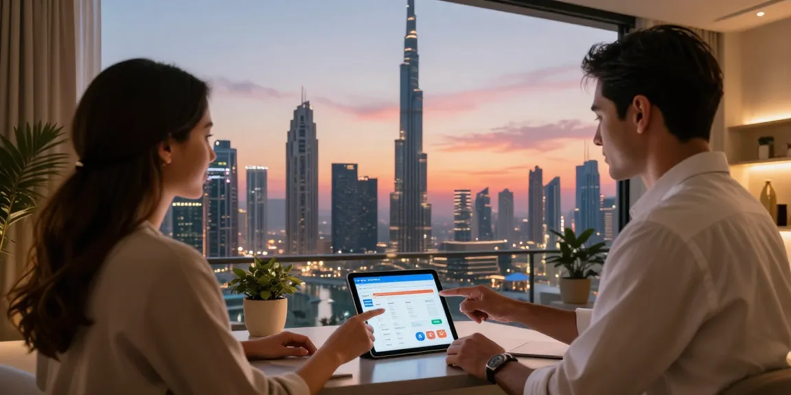 Professional discussing Airbnb management company Dubai amidst luxurious skyline, showcasing property analytics.