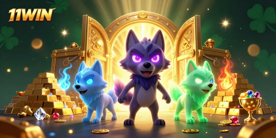 Engage with 11WIN casino thrills, featuring shadow wolves and treasure galore in a mystical scene.
