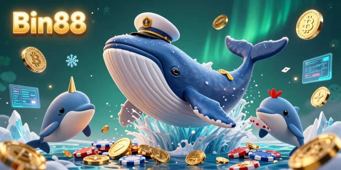 Engage in exciting gameplay with Bin88, featuring a vibrant casino scene of whales, dolphins, and poker chips.