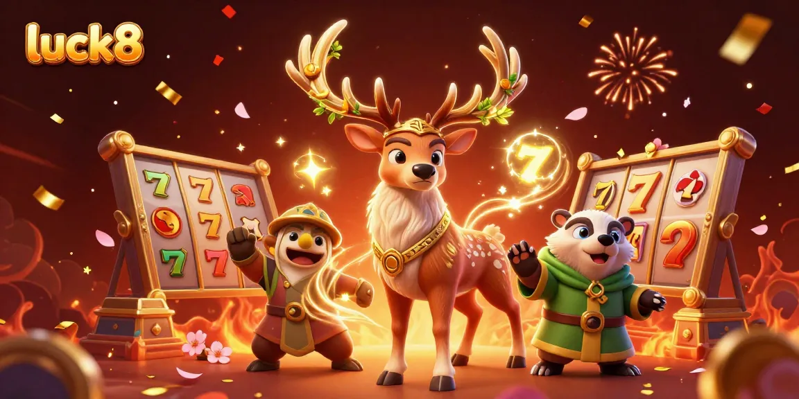 Experience luck8 with a vibrant casino scene featuring a stag druid, badger, and slot reels spinning.