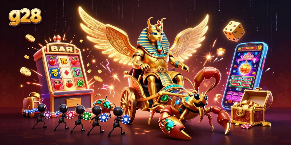 g28 captivating scene with a golden scarab and scorpions amidst a casino jackpot explosion
