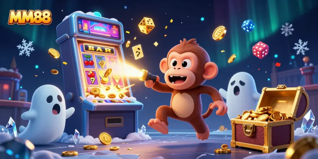 MM88 delivers fun and excitement in this vibrant casino scene featuring a mischievous monkey and an adventurous puppy.