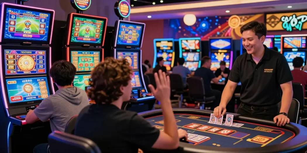 Engaging scene at SHBET online casino with players enjoying diverse games and celebrating wins.