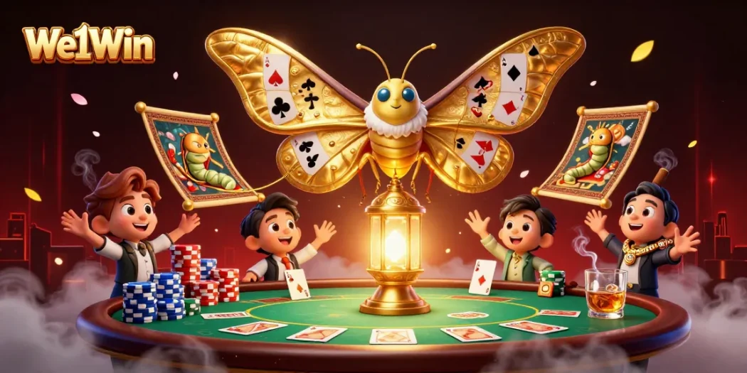 Engage with We1Win's vibrant casino experience, featuring a 3D cartoon atlas moth and poker scenes.