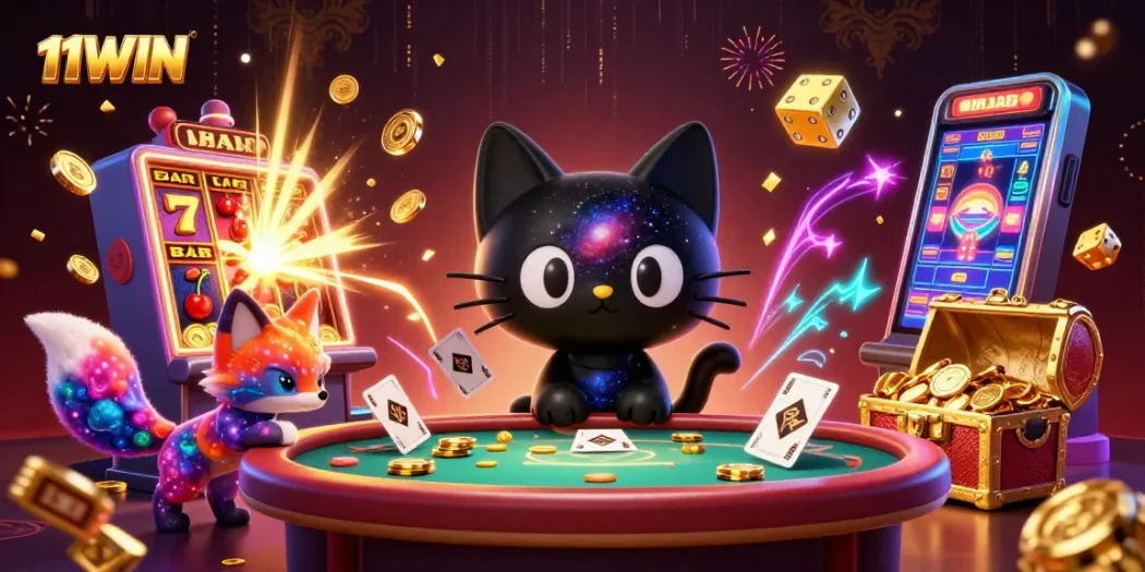 Experience thrilling gameplay with 11WIN as charming characters collide in a vibrant casino scene.