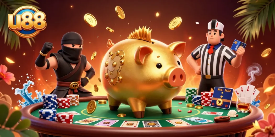 Experience thrilling gameplay at u88, where a sumo wrestler piggy bank shakes coins from every direction amidst poker excitement.