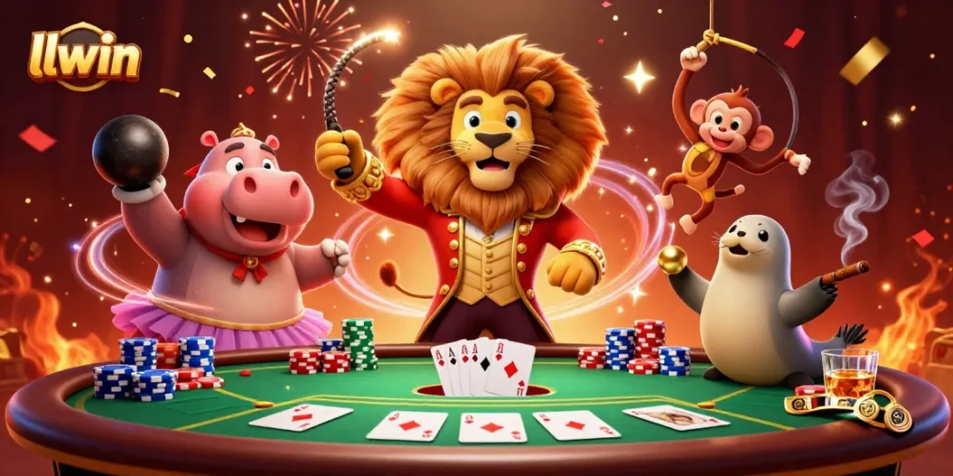 llwin showcases a vibrant scene with casino characters and poker action featuring lively drama and excitement.