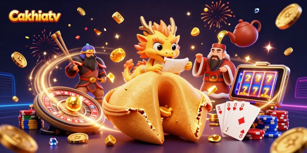 Cakhiatv enhances gaming with a vibrant 3D scene featuring a dragon, golden coins, and casino elements.