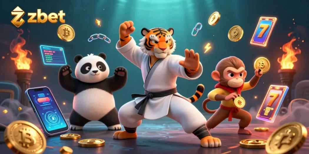 Engage with zbet's thrilling 3D cartoon casino experience featuring kung fu tiger and crypto elements.