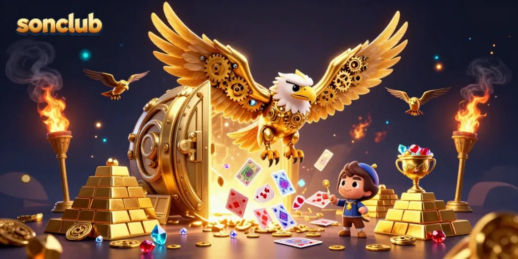 Experience thrilling gameplay at sonclub with a dynamic illustration featuring a cybernetic eagle and treasures.