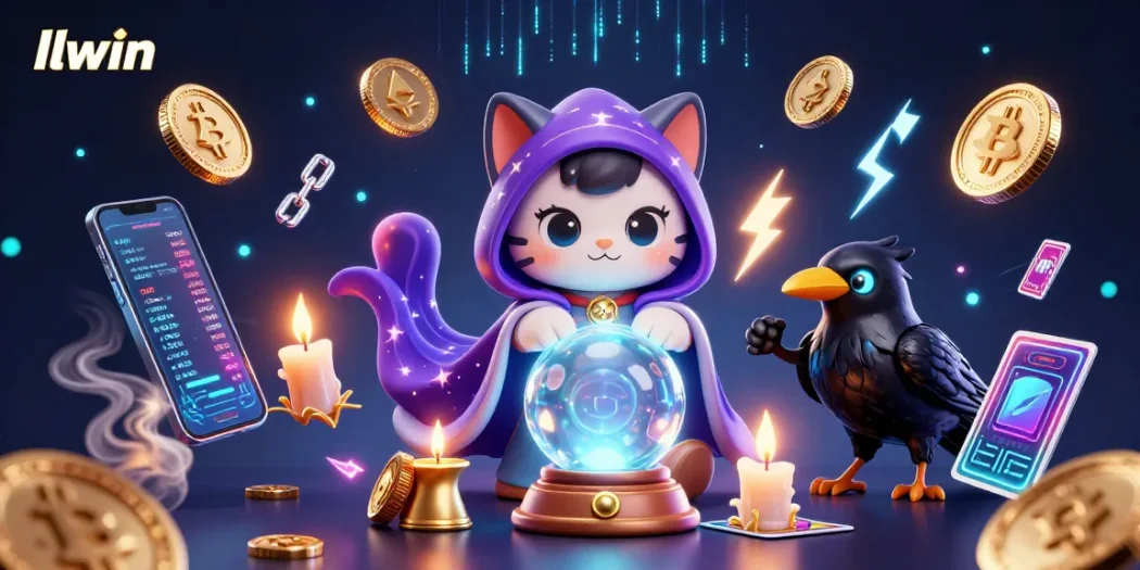 llwin showcases vibrant casino experiences with a fortune teller cat and enchanting raven depicting excitement.