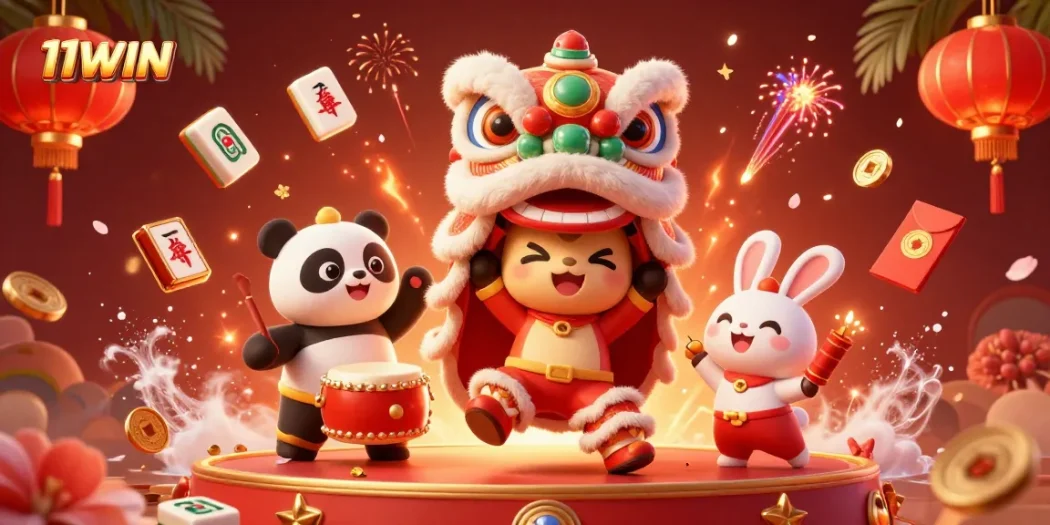 Join the excitement at 11WIN with a vibrant casino illustration filled with slots and festive elements.