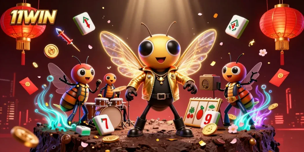 Experience thrilling gameplay with 11WIN's vibrant casino illustration featuring rock star characters.