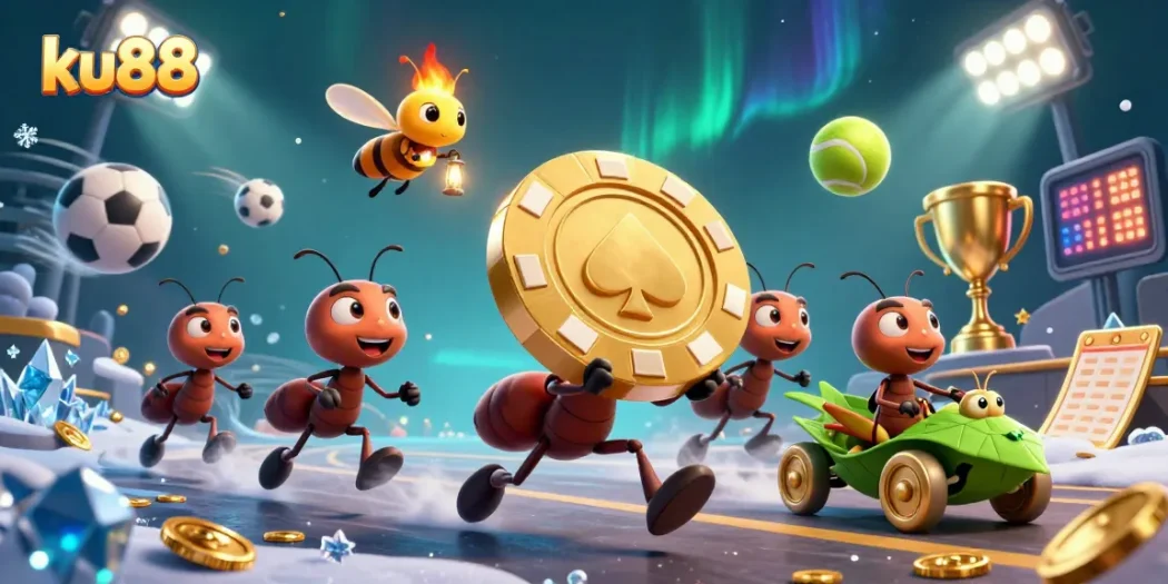 Join the adventure with ku88 as ants carry a giant poker chip through a vibrant casino scene.