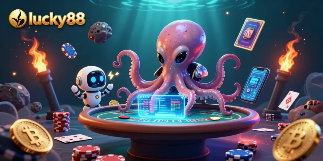 Experience lucky88 with a vibrant 3D scene featuring an alien octopus at a poker table.