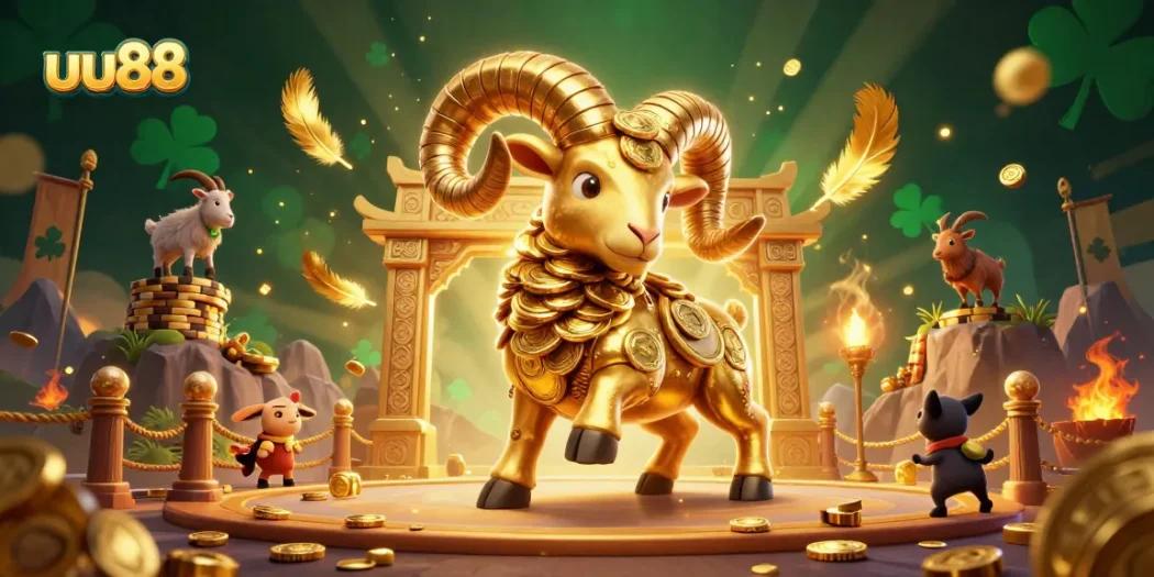 Experience thrilling action at uu88 with a 3D golden ram charging through a spectacular casino arena.