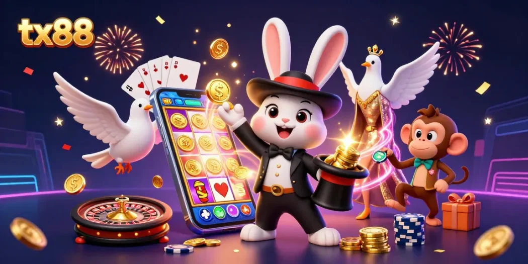 tx88 brings excitement with a 3D magician rabbit conjuring coins in a festive casino scene.