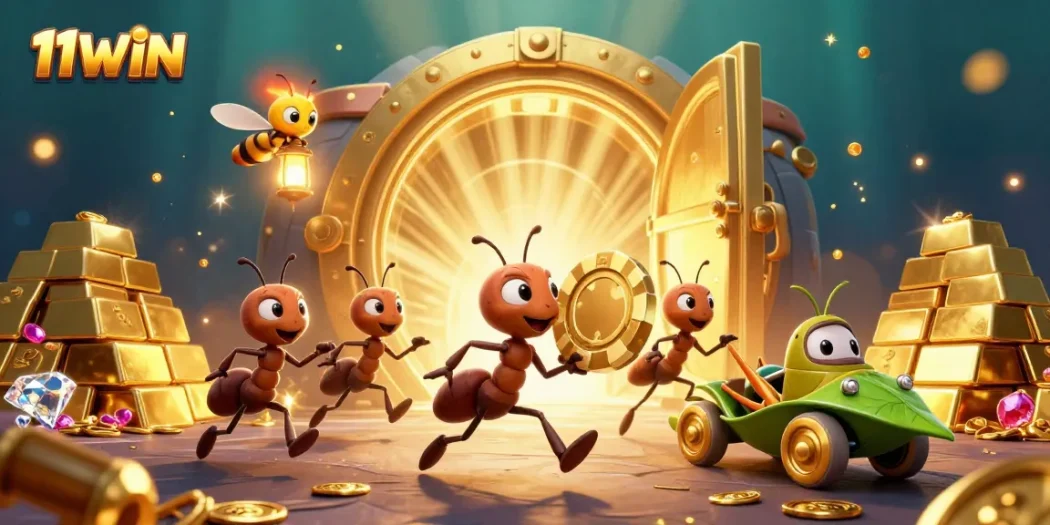 Join the adventure with 11WIN as ants steal a giant poker chip amidst a treasure heist.