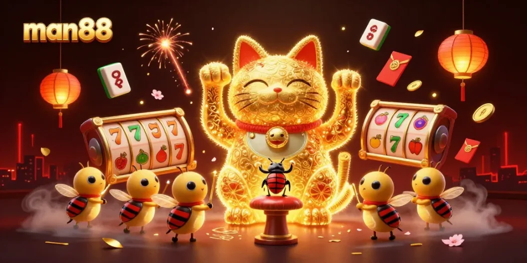 Experience man88's vibrant casino scene featuring a golden lucky cat and dynamic slot elements.