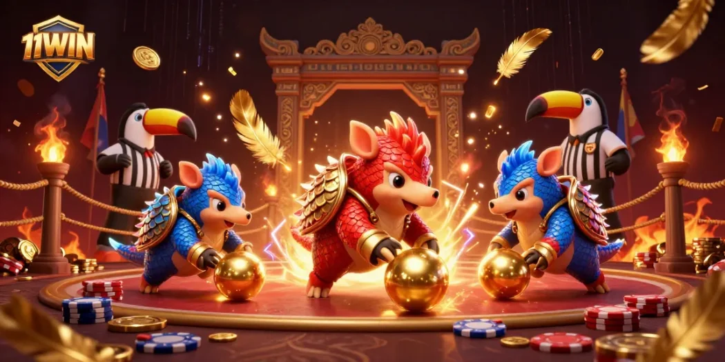 Engaging scene with pangolins in a playful rivalry, highlighting casino action at 11WIN