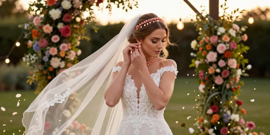 Bridal beauty with rose gold bridal jewellery in a romantic garden setting, capturing elegance.